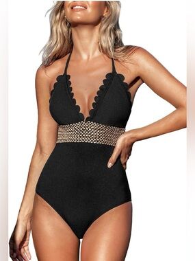 CUPSHE Women's One Piece Swimsuit Halter Back Tie Scalloped V Neck Textured